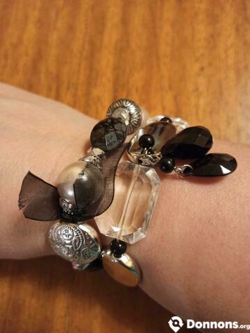 Lot 2 bracelets élastiques perles argentées/noires