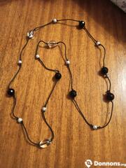 Sautoir 2 cordon perles argentées et noires