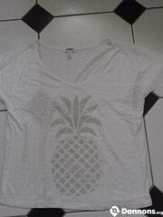 Tee-shirt blanc motif ananas argenté taille 36/38